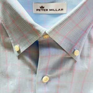 Peter Millar Mens XL Blue Plaid‎ Long Sleeve Button Down Dress Shirt Crown Ease
